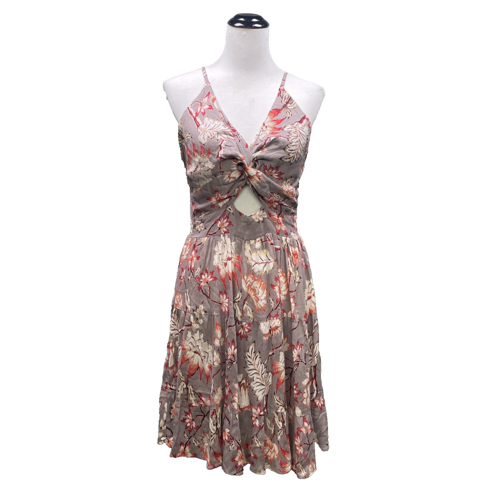 Angie Womens Large Gray Floral Sundress Pink Sleeveless Twist Front Boho Rayon